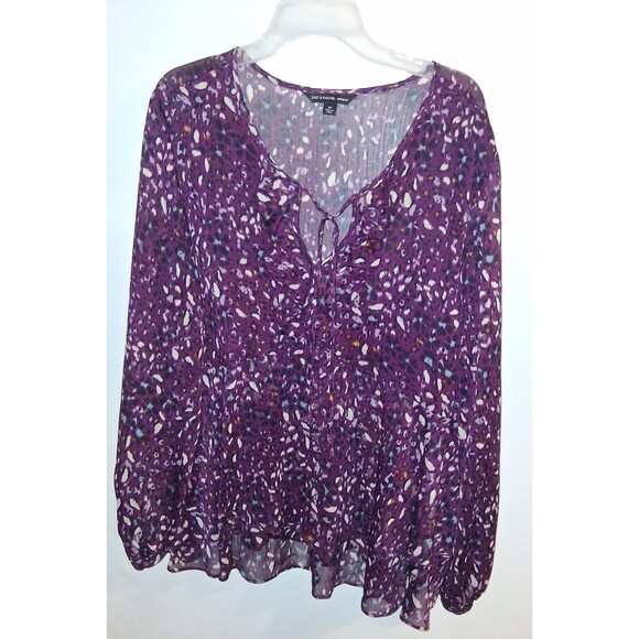 Zac & Rachel Sheer Purple Leopard Print Long Sleeve V-neck Blouse Sz 2X - Picture 1 of 3